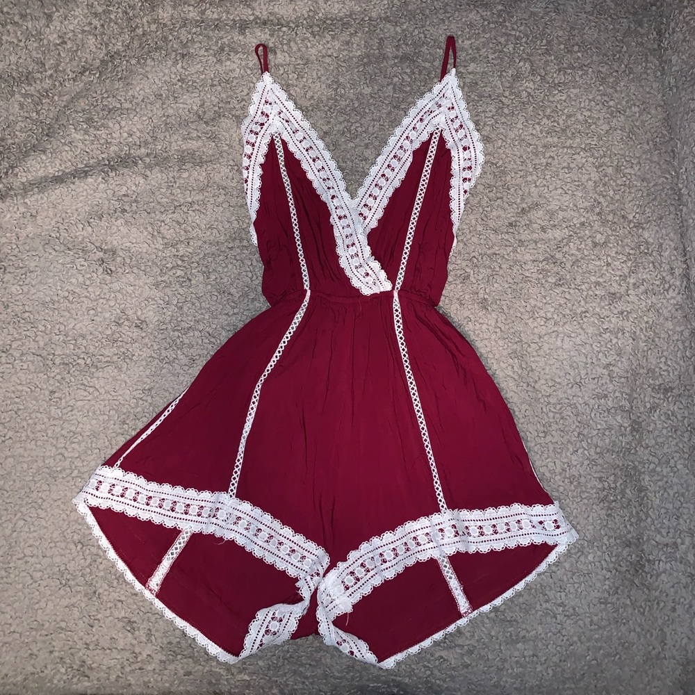 Shein Burgundy & White Open Back Romper